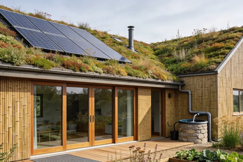 Maison à bardage en bois avec toiture végétalisée, panneaux solaires et récupérateur d’eau de pluie en pierre
