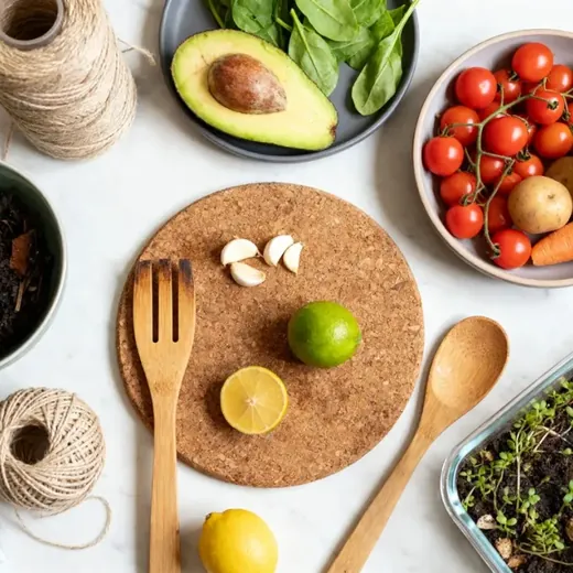 Plan de travail vu de dessus : pelotes de ficelle, bol de compost, bocal en verre de jeunes pousses, ustensiles en bois et légumes frais