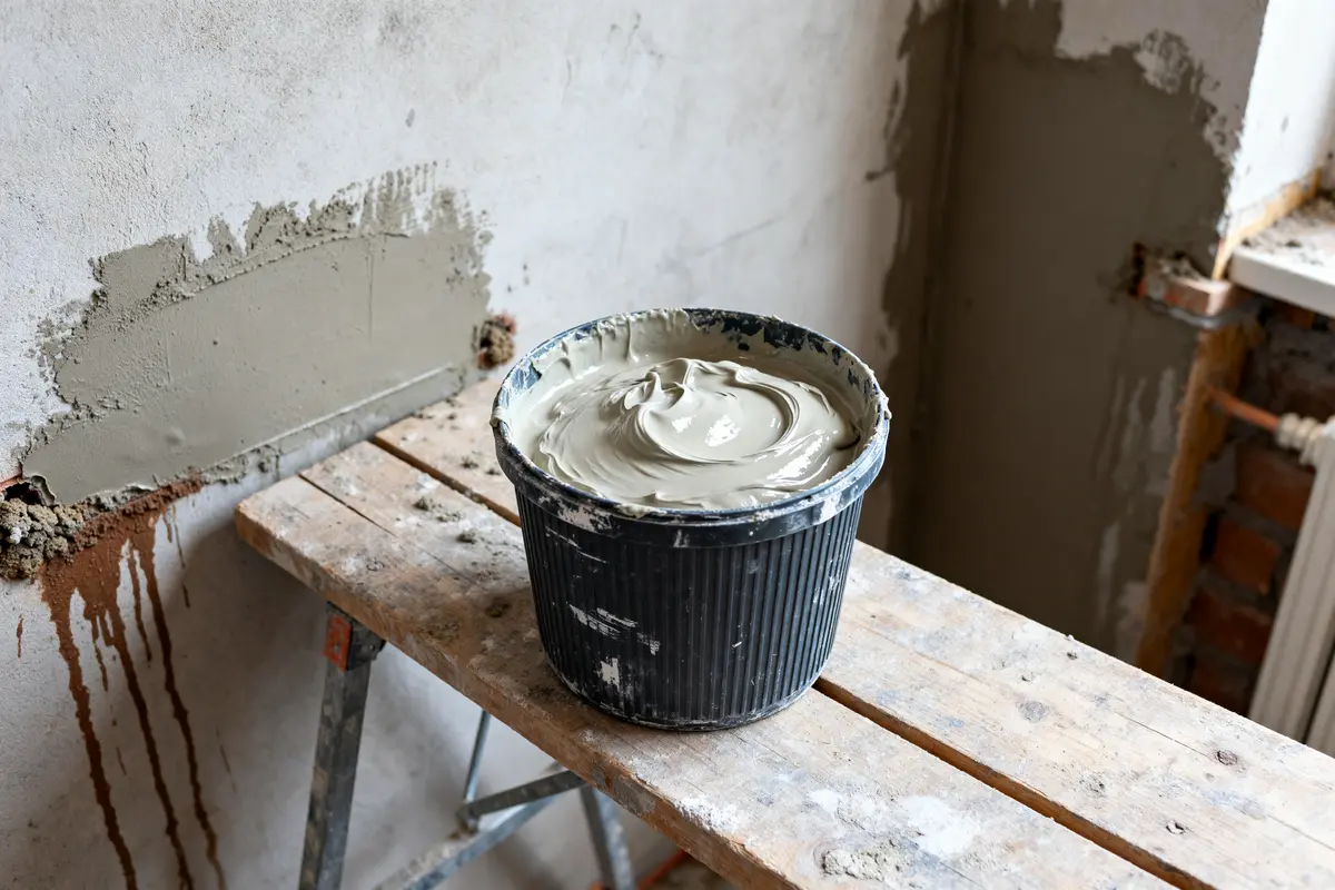 Seau de colle placo sur échafaudage dans une pièce en rénovation