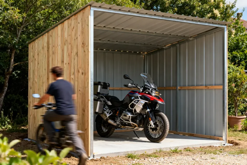 Un abri métallique économique pour moto avec une moto garée à l'intérieur