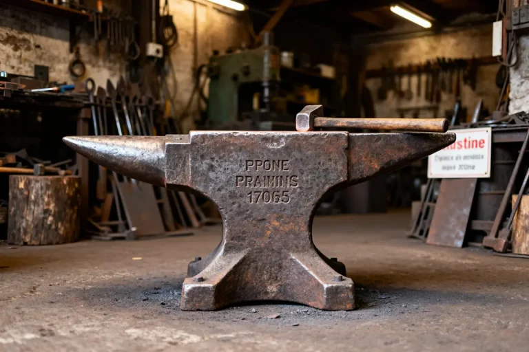 Vieille enclume en métal au centre d'une forge avec outils en arrière-plan