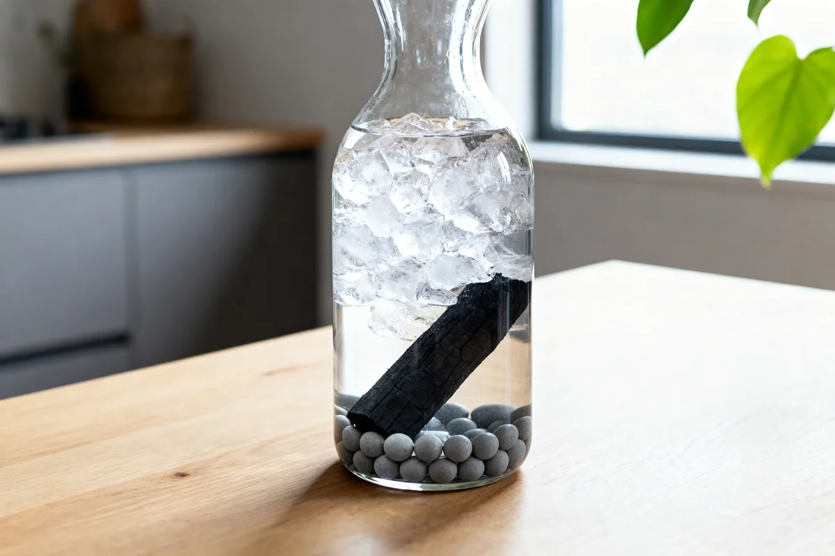 Carafe d'eau avec perles de céramique et charbon Binchotan