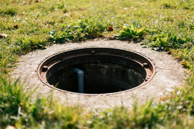 Ouverture d'un puits d'infiltration eaux pluviales entouré de végétation sur pelouse