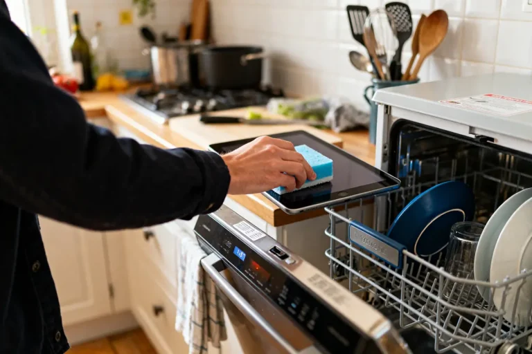Personne nettoyant une tablette dans une cuisine près d'un lave-vaisselle ouvert remplacer tablette lave vaisselle