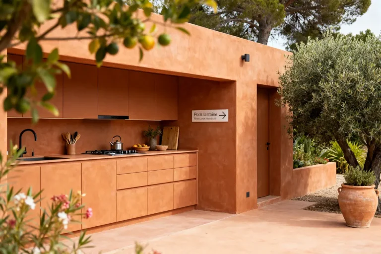Cuisine terracota extérieure avec mobilier intégré sous pergola et végétation méditerranéenne environnante