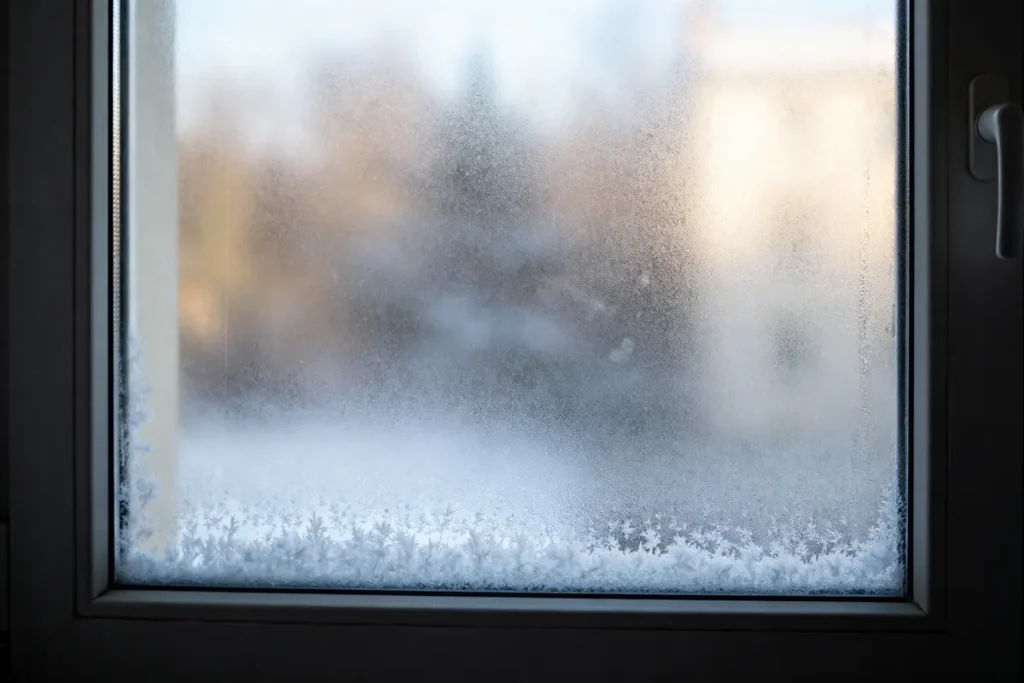 Fenêtre givrée avec film anti froid fenêtre pour meilleure isolation thermique hivernale efficace