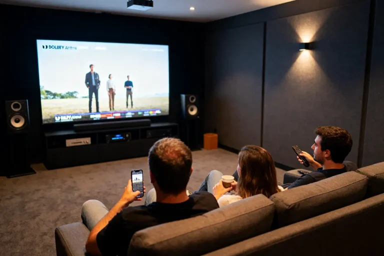 Personnes regardant un film sur un grand écran home theater TV dans un salon confortable