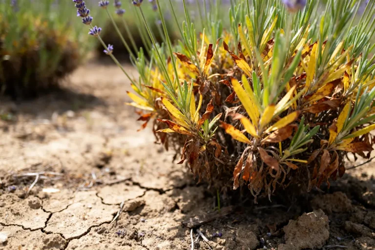 Lavande séchée affectée par maladie lavande qui sèche sur sol craquelé aride