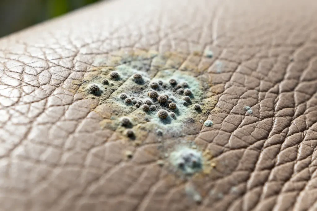 Surface en cuir avec moisissure présente un danger pour la durabilité et la santé