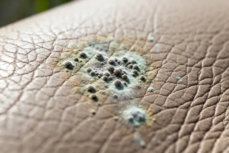 Surface en cuir avec moisissure présente un danger pour la durabilité et la santé
