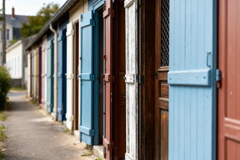 Enfilade de portes colorées représentant les entrées de pièces en enfilade d'une maison.