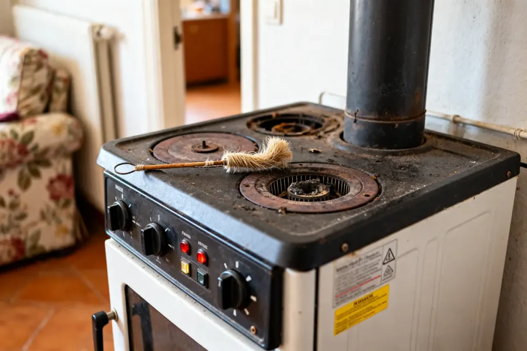Poêle à pétrole ancien, poussiéreux, cause potentielle pour répondre à pourquoi mon poêle s'arrête.