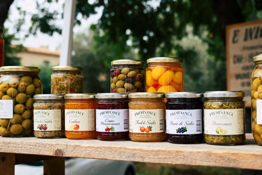 Bocaux provence gourmande produits du terroir exposés sur une étagère en bois.