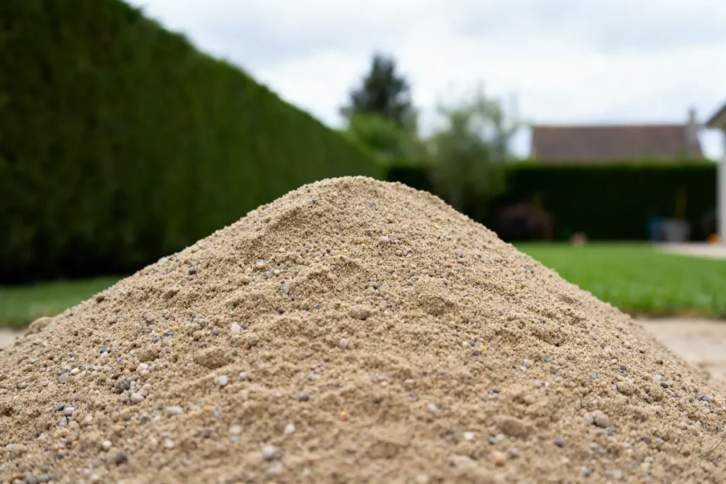 Tas de sable pour gazon dans un jardin avec pelouse et haies vertes