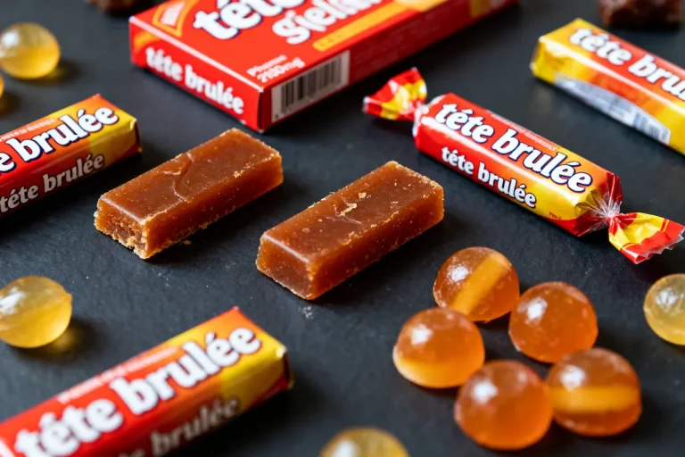 Bonbons tête brûlée présentés avec emballages colorés sur fond sombre
