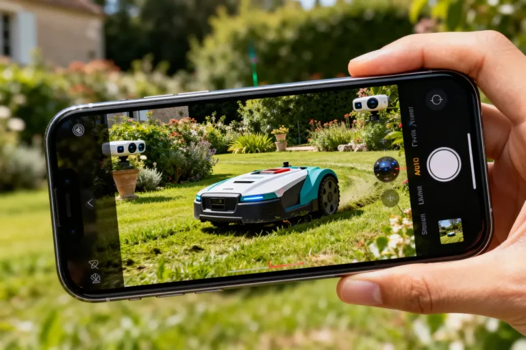 Une tondeuse robot sans fil périphérique dans un jardin, vue à travers un smartphone