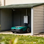 Abri pour robot tondeuse en bois avec toit vert dans un jardin fleuri