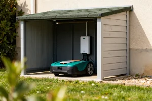 Abri pour robot tondeuse en bois avec toit vert dans un jardin fleuri