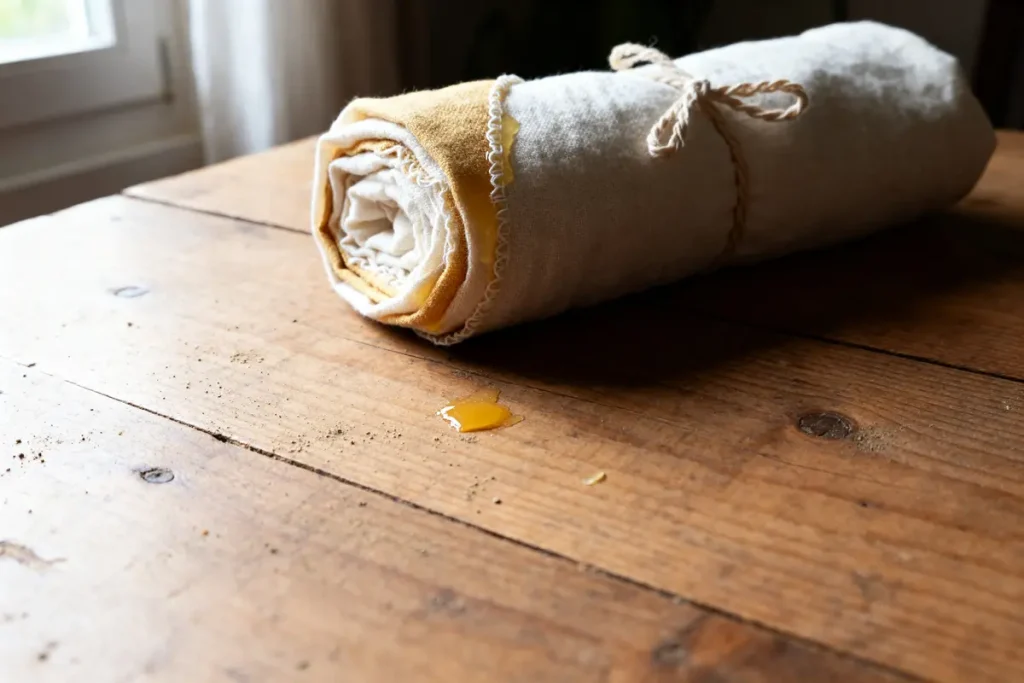 Essuie-tout réutilisable sur table en bois avec petite tache liquide be wrap