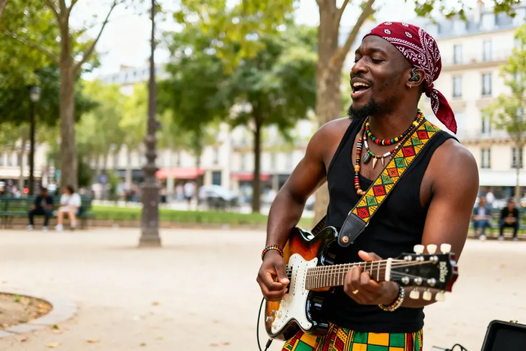 Musicien jouant de la guitare dans un parc, ambiance culturelle et festive de bo ka