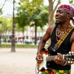 Musicien jouant de la guitare dans un parc, ambiance culturelle et festive de bo ka