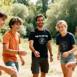 Groupe de jeunes souriants jouant dehors avec un t-shirt "cap ou pas cap"