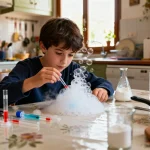 Enfant réalisant une expérience scientifique à faire à la maison avec des bulles.