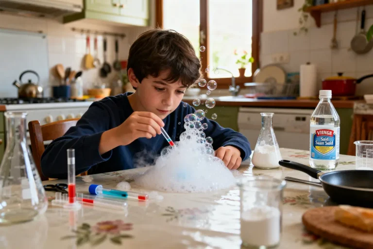 Enfant réalisant une expérience scientifique à faire à la maison avec des bulles.