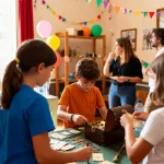 Enfants jouant au trésor pendant une fête pour célébrer un anniversaire en famille