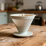 Filtre céramique à café sur table en bois dans une cuisine rustique