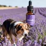 Chien dans un champ de lavande avec huile essentielle de lavande en arrière-plan