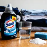 Bouteille de lessive maison au savon noir avec linge plié et ingrédients sur table.