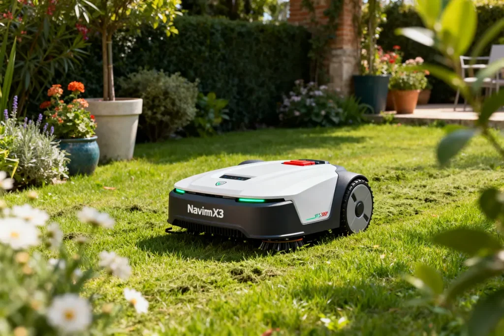 Robot tondeuse Navimow X3 sur pelouse, entouré de plantes et fleurs colorées