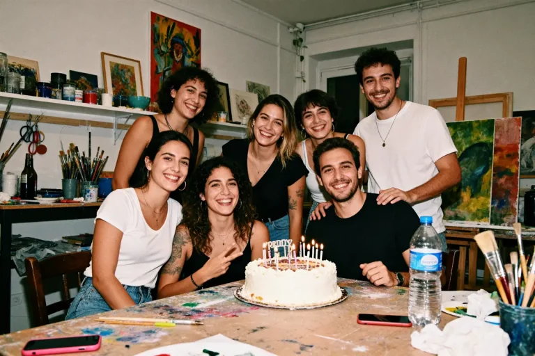 Groupe d’amis célébrant un anniversaire dans un atelier d’art, que faire le jour de son anniversaire