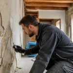 Homme mesurant l'humidité du mur avec ventilateurs pour séchage chez Batievol.fr