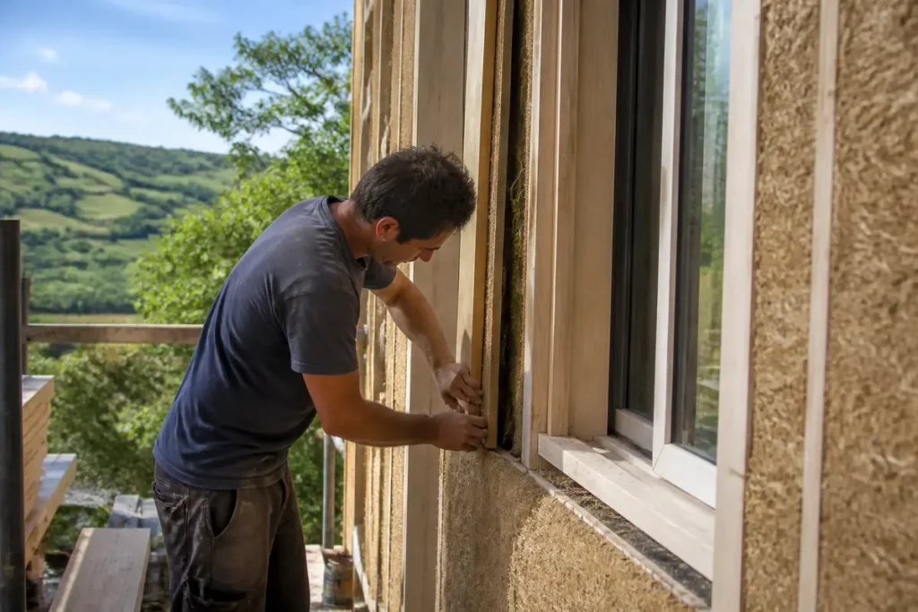 Travailleur installant une isolation écologique sur façade pour constructions durables Proxichantier