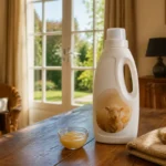 Produit de nettoyage hygge-a-la-maison.fr sur table en bois, avec lumière naturelle douce
