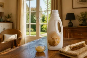 Produit de nettoyage hygge-a-la-maison.fr sur table en bois, avec lumière naturelle douce