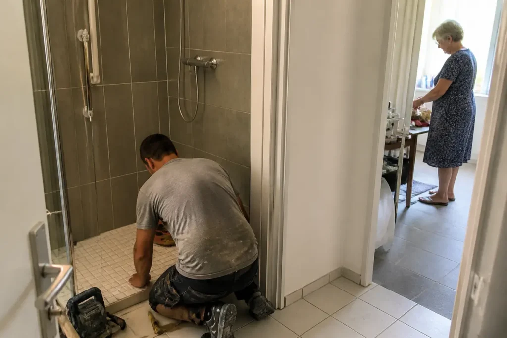 Homme rénovant une douche avec l'intervention de la société la force de l'âge rénovation