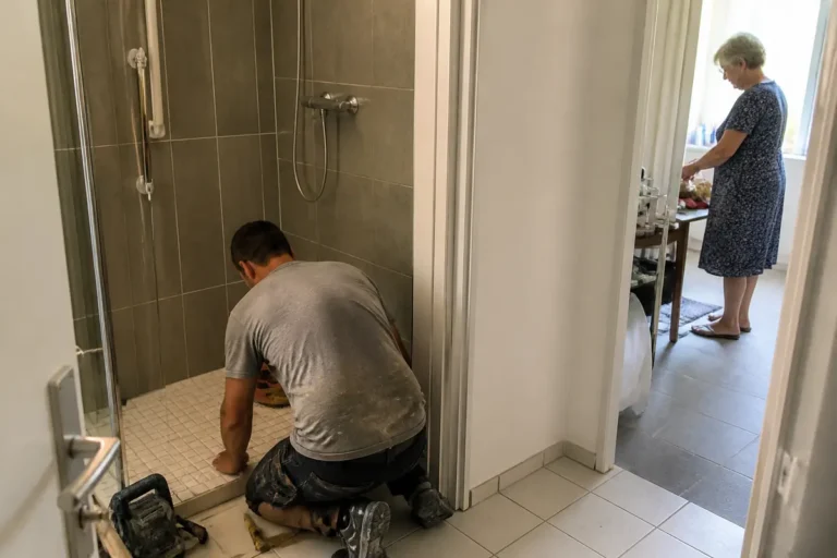 Homme rénovant une douche avec l'intervention de la société la force de l'âge rénovation