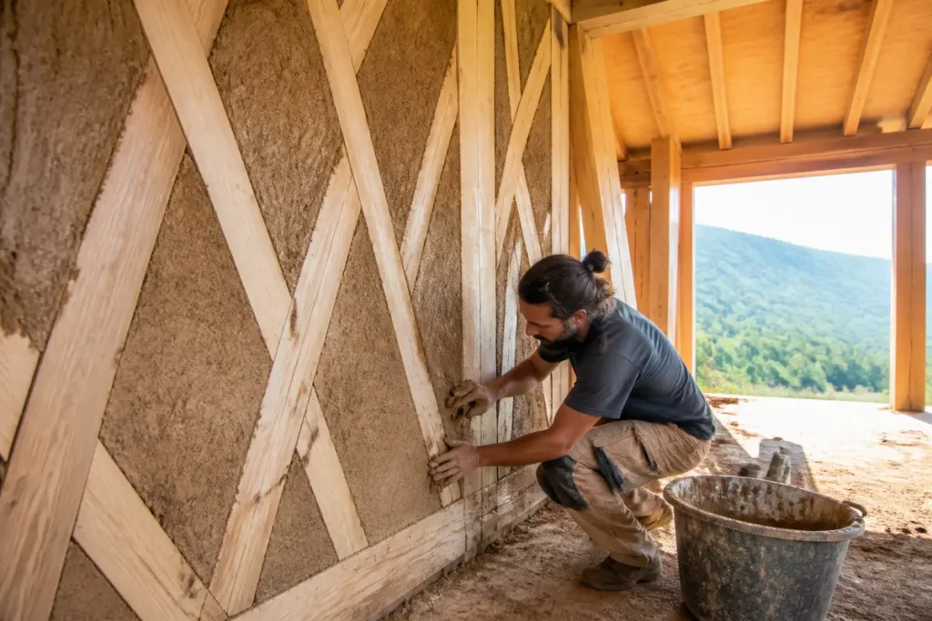 Personne appliquant une technique de construction écologique avec terre et bois dans une maison.