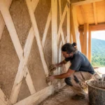 Personne appliquant une technique de construction écologique avec terre et bois dans une maison.