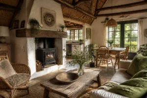 Intérieur rustique et chaleureux avec cheminée pour aménager sa maison sur machaumiere.fr