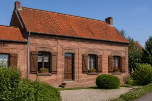 Maison en briques rouges avec volets en bois sur blog maison-miner-energies.fr