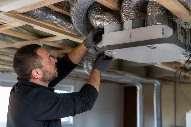 Technicien installant un système de ventilation sur un chantier pour meusetravaux.be VMC efficace