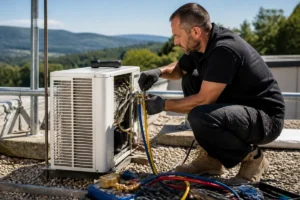 Technicien répare une unité de climatisation sur le toit pour proxichantier.fr solutions énergétiques