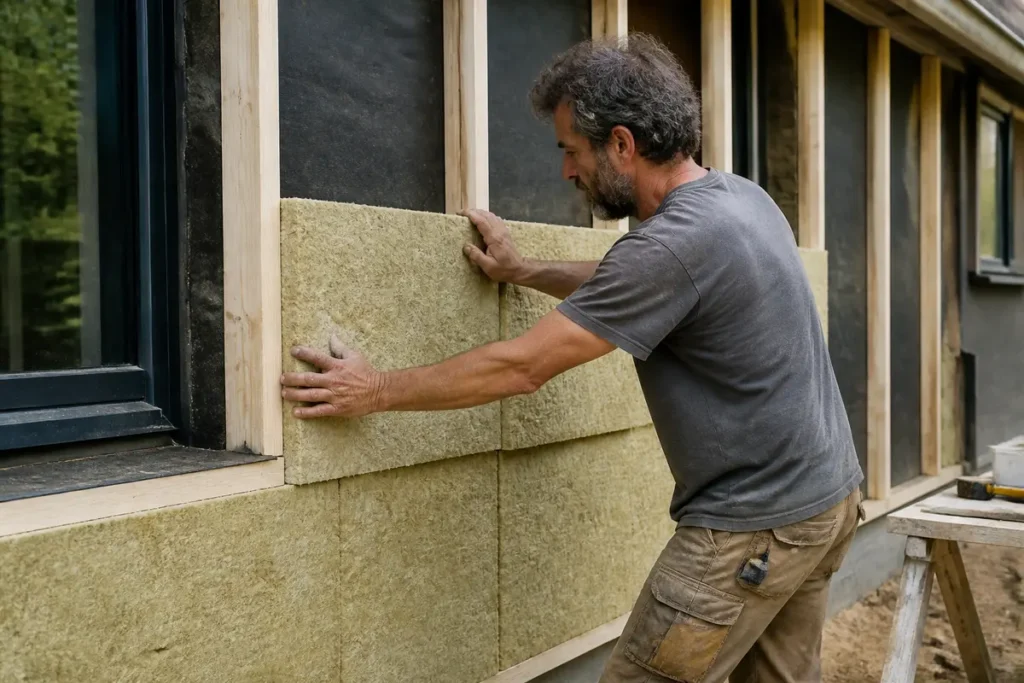 Homme installant un panneau isolant pour rénovation énergétique sur habitatfuturvert.fr