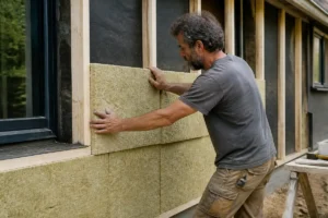 Homme installant un panneau isolant pour rénovation énergétique sur habitatfuturvert.fr