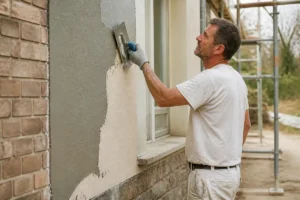 Homme rénovant une façade avec tousrenov.be, expert en façades en Belgique