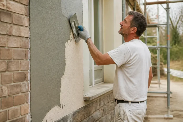 Homme rénovant une façade avec tousrenov.be, expert en façades en Belgique